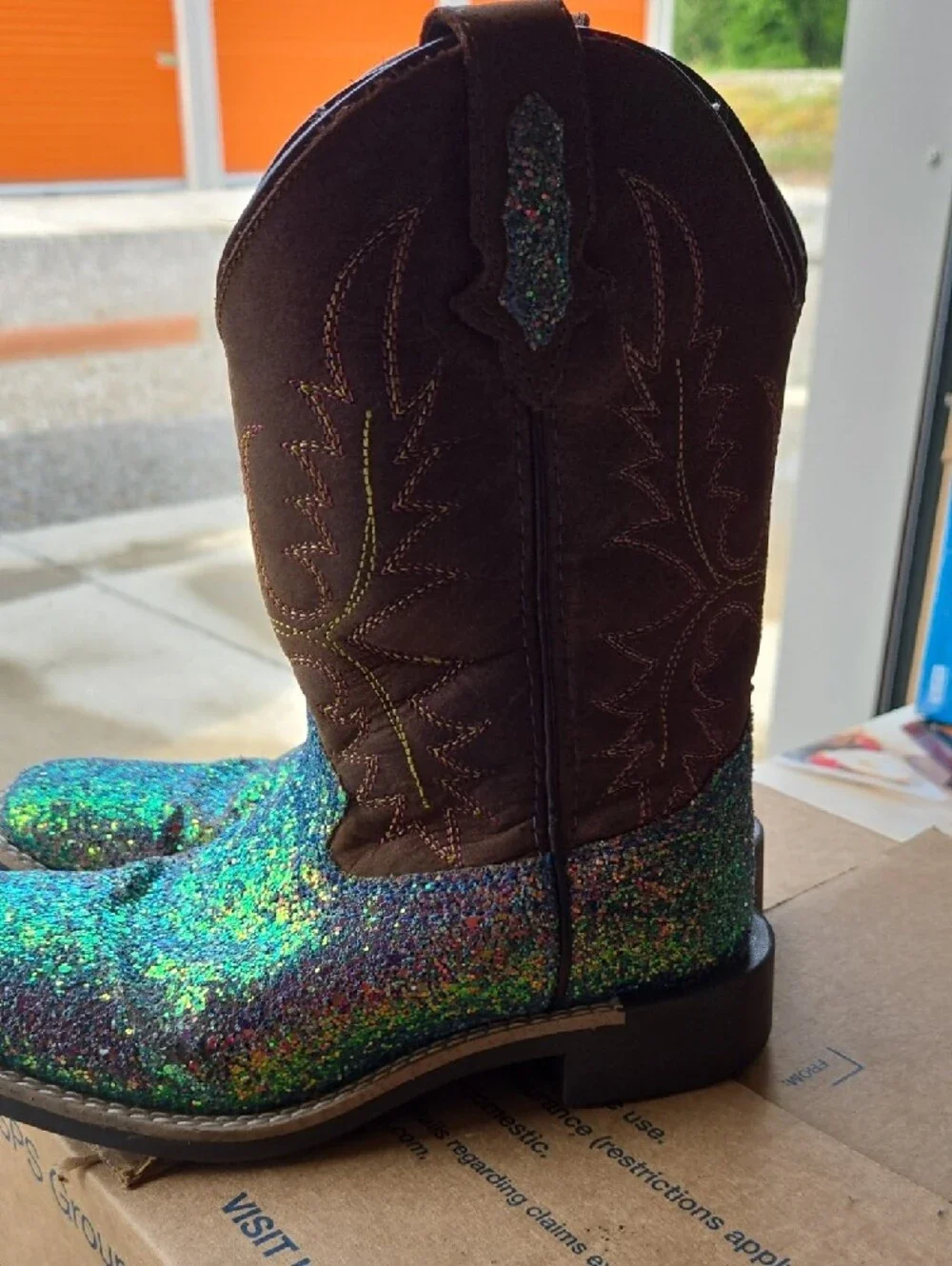 Super Cute,Kids Brown & Blue Glitter Smoky Mountain Western Boots